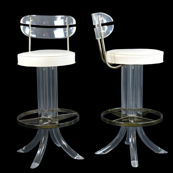 Set of 4 Lucite and Brass Swivel Barstools