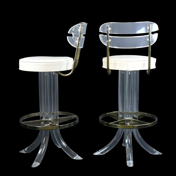 Set of 4 Lucite and Brass Swivel Barstools