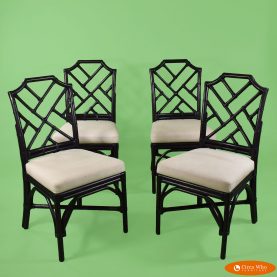 Set of 4 Rattan fretwork black chairs with white upholstery sing by palecek