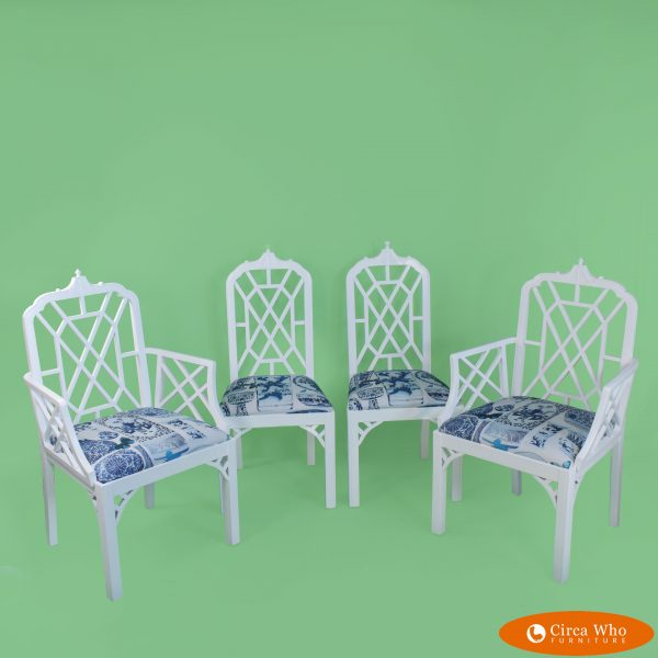 Set of 4 White Fretwork Pagoda Chairs