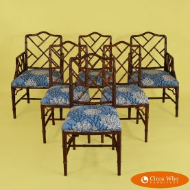 Set of six faux bamboo chippendale chairs with blue and shells upholstery