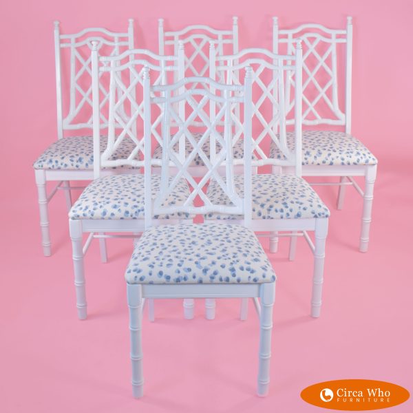 Set of 6 Faux Bamboo Fretwork Blue Leopard Chairs