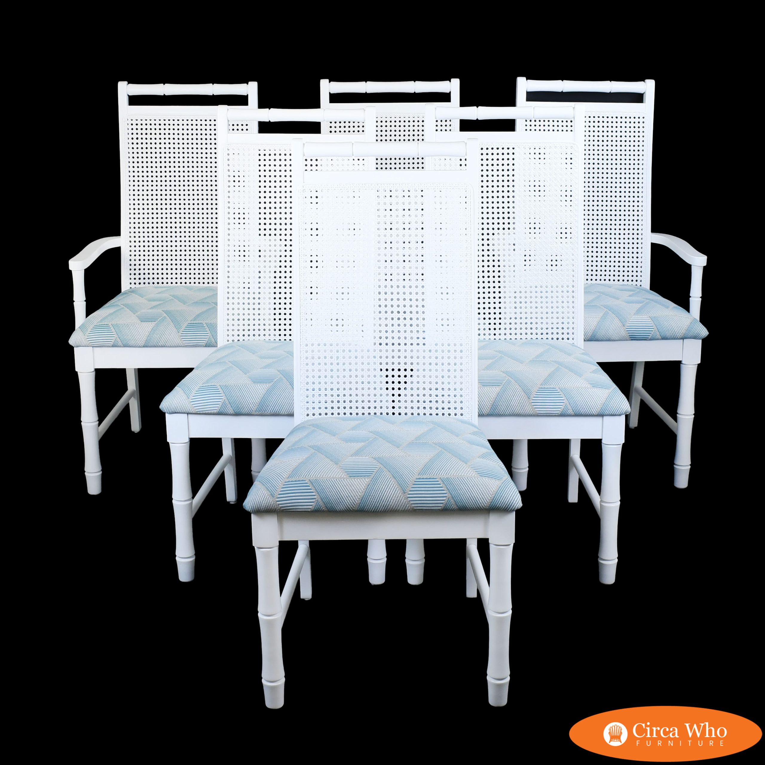 Set of 6 Faux Bamboo and Cane White Chairs