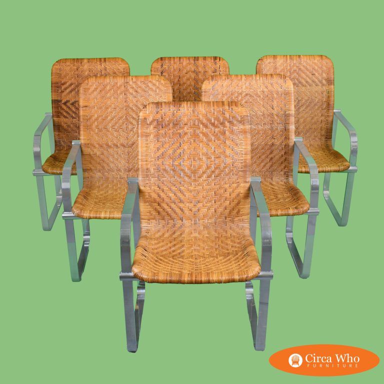 Set of 6 Stainless Steel and Rattan Dining Chairs by Stendig