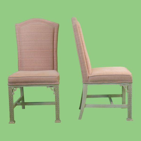 Set of 6 Upholstered Hollywood Regency Fretwork Dining Chairs