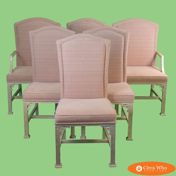 Set of 6 Upholstered Hollywood Regency Fretwork Dining Chairs