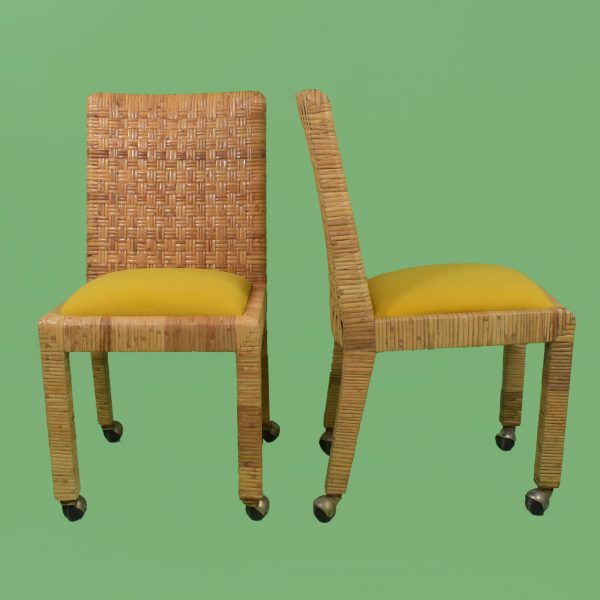 Set of 6 Wrapped Rattan Dining Chairs in Casters