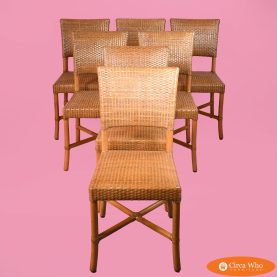 Set of 7 Rawhide Leather and Rattan Dining Chairs by Gasparucci