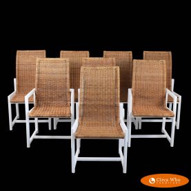 Set of 8 Danny Ho Fong Style Wood and Woven Rattan Chairs