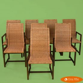Set of 8 Danny Ho Fong Style Wood and Woven Rattan Chairs