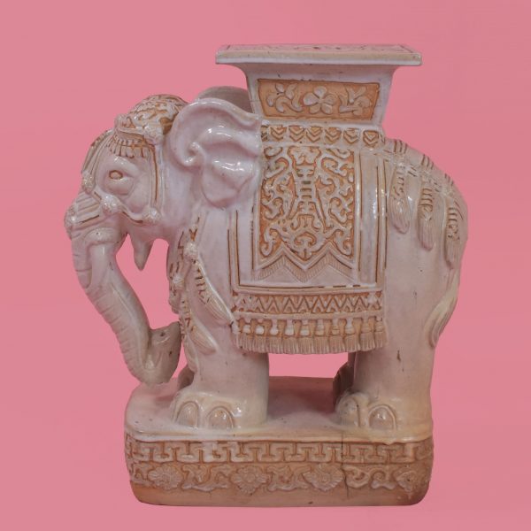 Single White and Gold Elephant Garden Seat