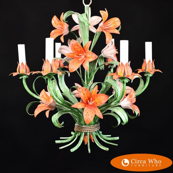 Tole Tiger Lily Chandelier color green and orange in vintage condition