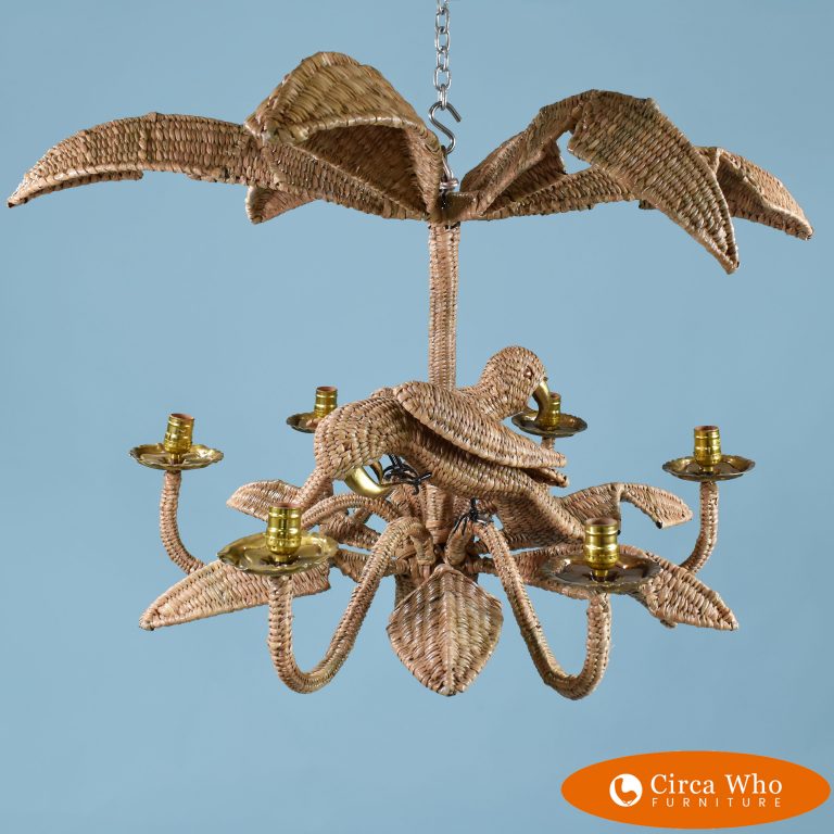 Chandelier of two parrots handmade for Mario Lopez Torres with rattan leave natural color vintage condition