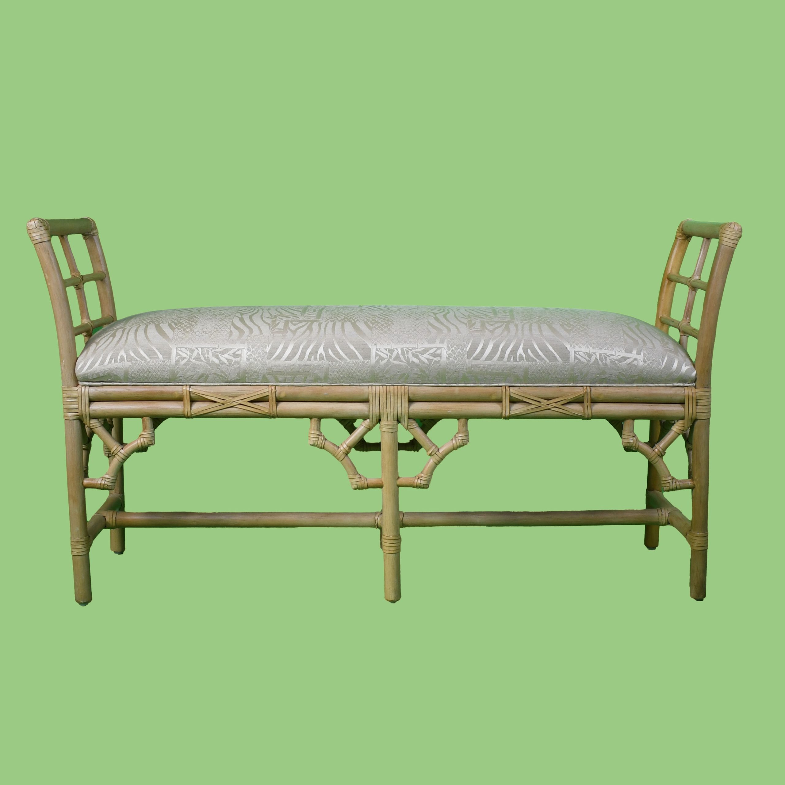 Upholstered Fretwork Rattan Bench