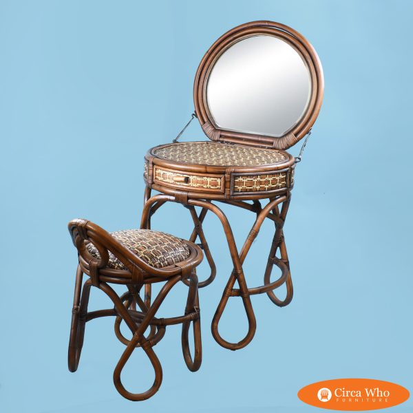 Vintage Art Deco Folding Rattan Desk With Chair