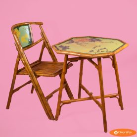 Vintage Bamboo Hand-painted Table With Chair