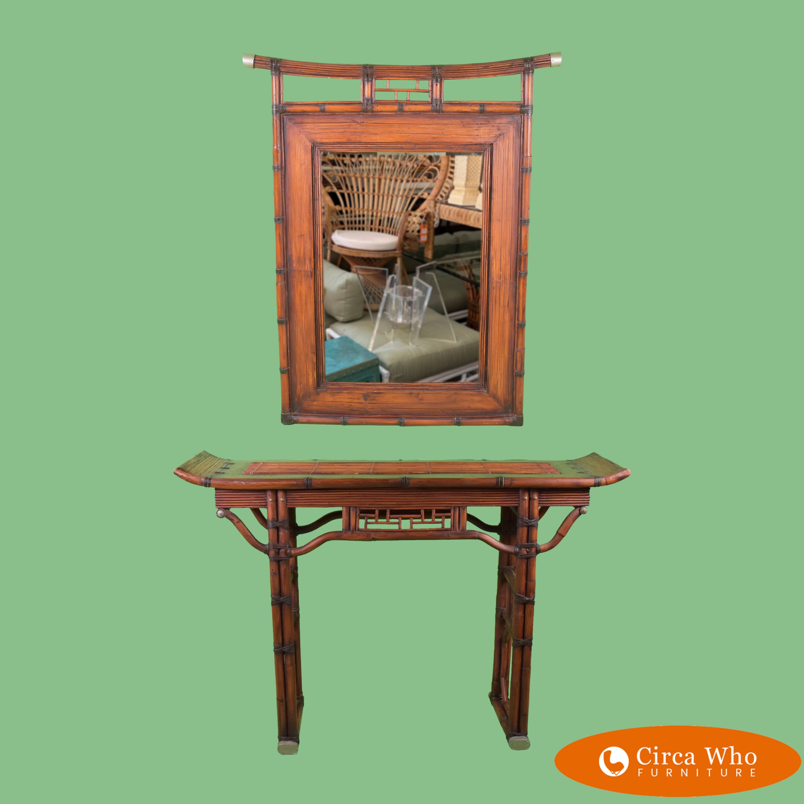 Vintage Bamboo Pagoda Console With Mirror