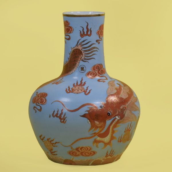 Vintage Orange and Blue Dragon Vase