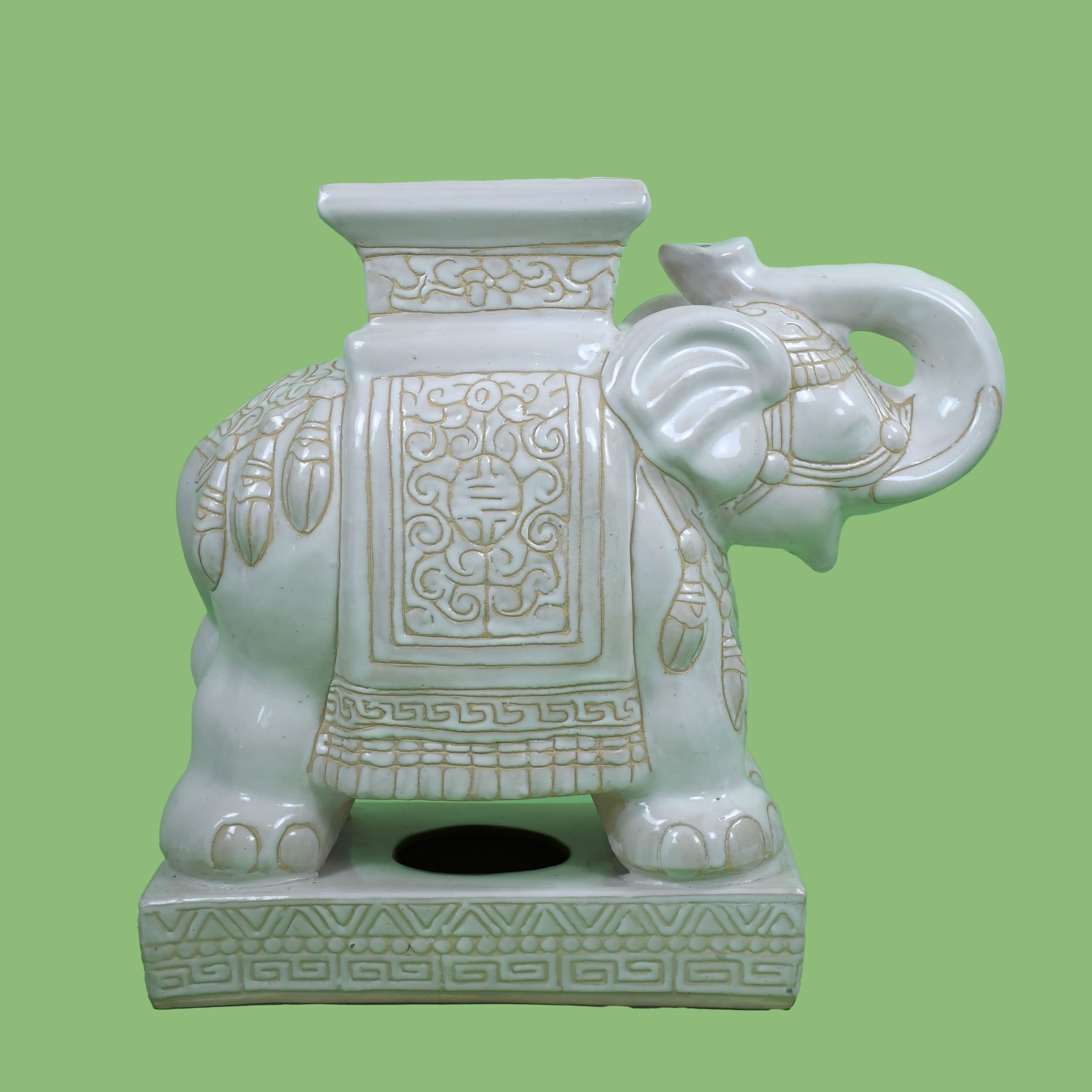 White Ceramic Elephant on Pedestal Garden Seat