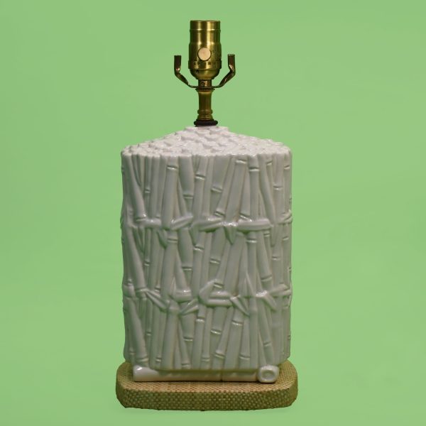 White Faux Bamboo and Raffia Ceramic Table Lamp