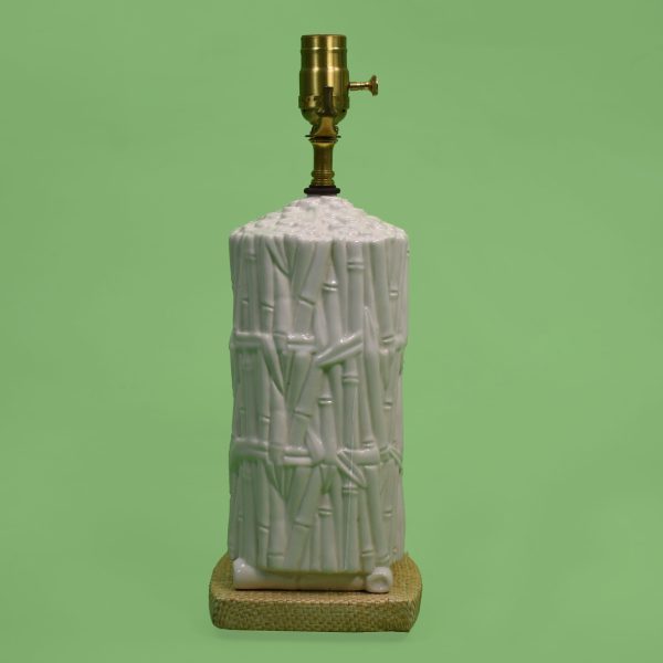White Faux Bamboo and Raffia Ceramic Table Lamp