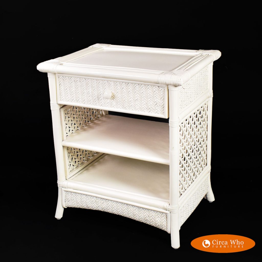 White Woven and Stick Rattan Nightstand Circa Who