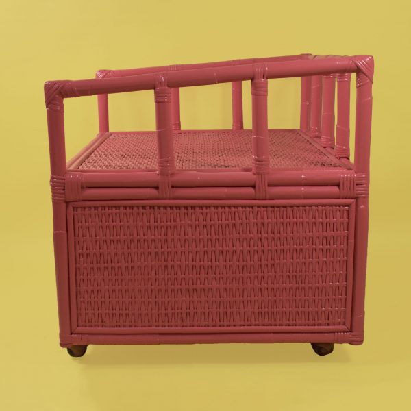 Woven Rattan Pink Bench in Casters